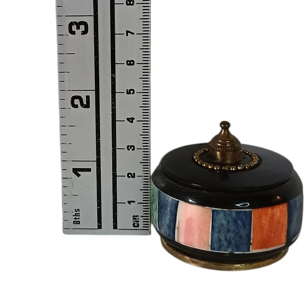 Trinket Box Wood & Brass W/ Multicolor Inlay Rectangle Panels India 2